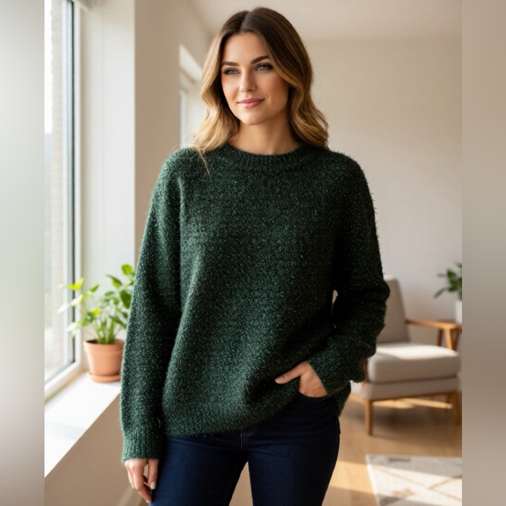 H&M Forest Green Fuzzy, Sparkly Sweater, Size Large